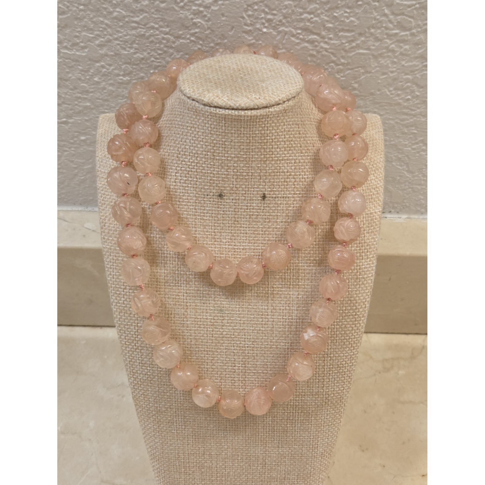 Rare Vintage Hand Carved Rose Quartz 30" Necklace & 14k Earrings Set